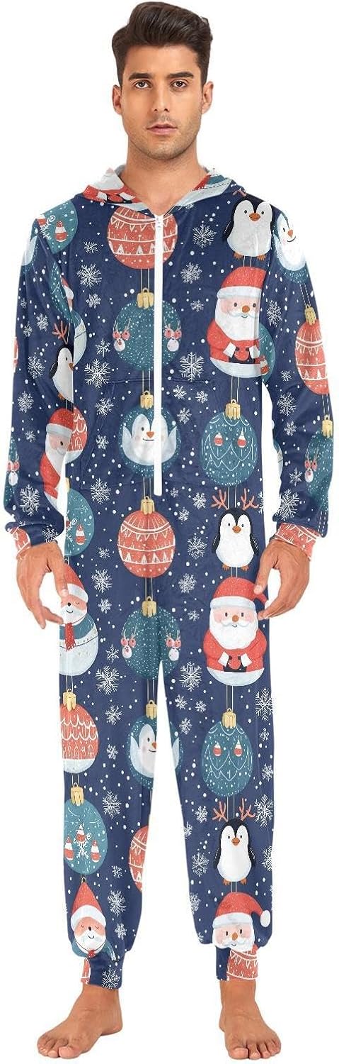 ZZKKO Christmas Ball Santa Claus Adult Onesie Pajamas for Women Men Cozy One Piece Pajamas Costume Zip-Up Hooded S-XL