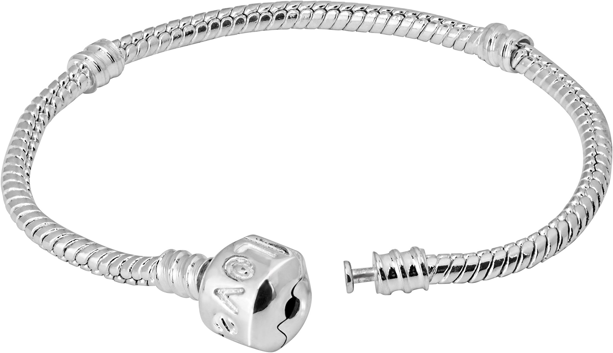 7.9 Inch Sterling Silver Plated Love Snap Barrel Clasp Snake Chain European Charm Bracelet For Women