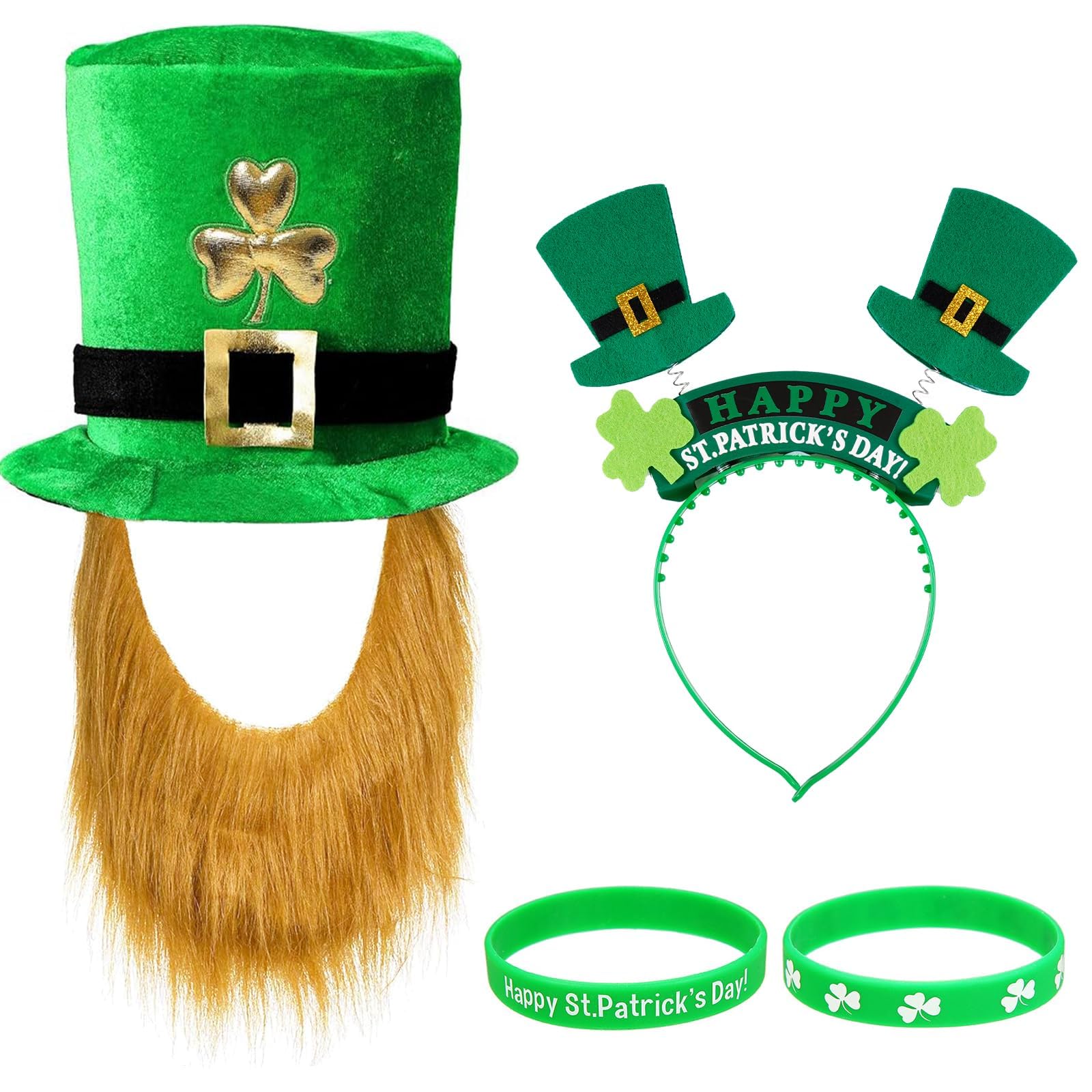 AIBAOBAO 4 Pack Adult Deluxe Green Leprechaun Top Hat with Ginger Beard, St Patrick'S Day Irish Fancy Dress Costume Velvet Accessory, Head Bopper Green Clover Leaf, Rubber Wristband Bracelets