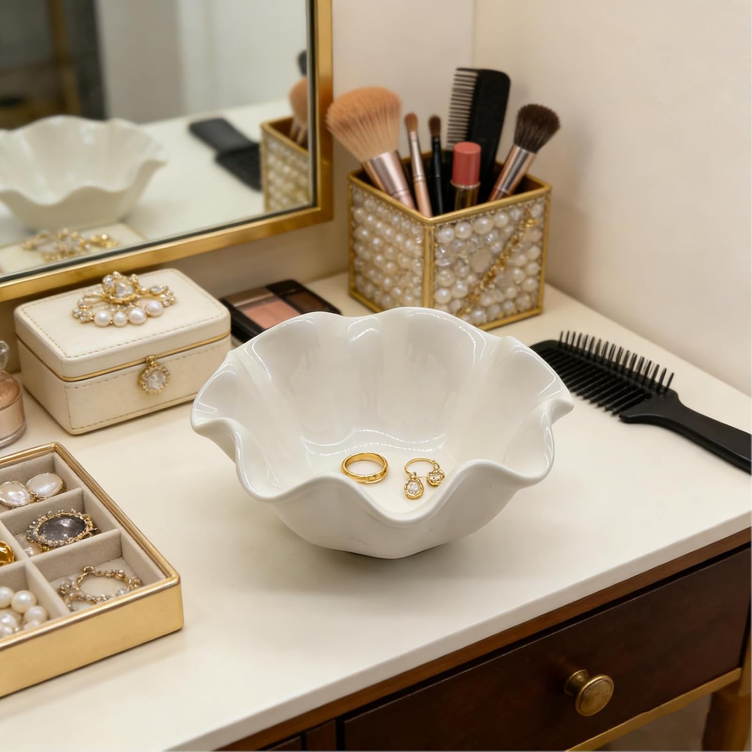 Small Jewelry Tray, Ceramic Lotus Ring Dish, 3.5", White, Vanity Ring Holder, Trinket Dish (White)
