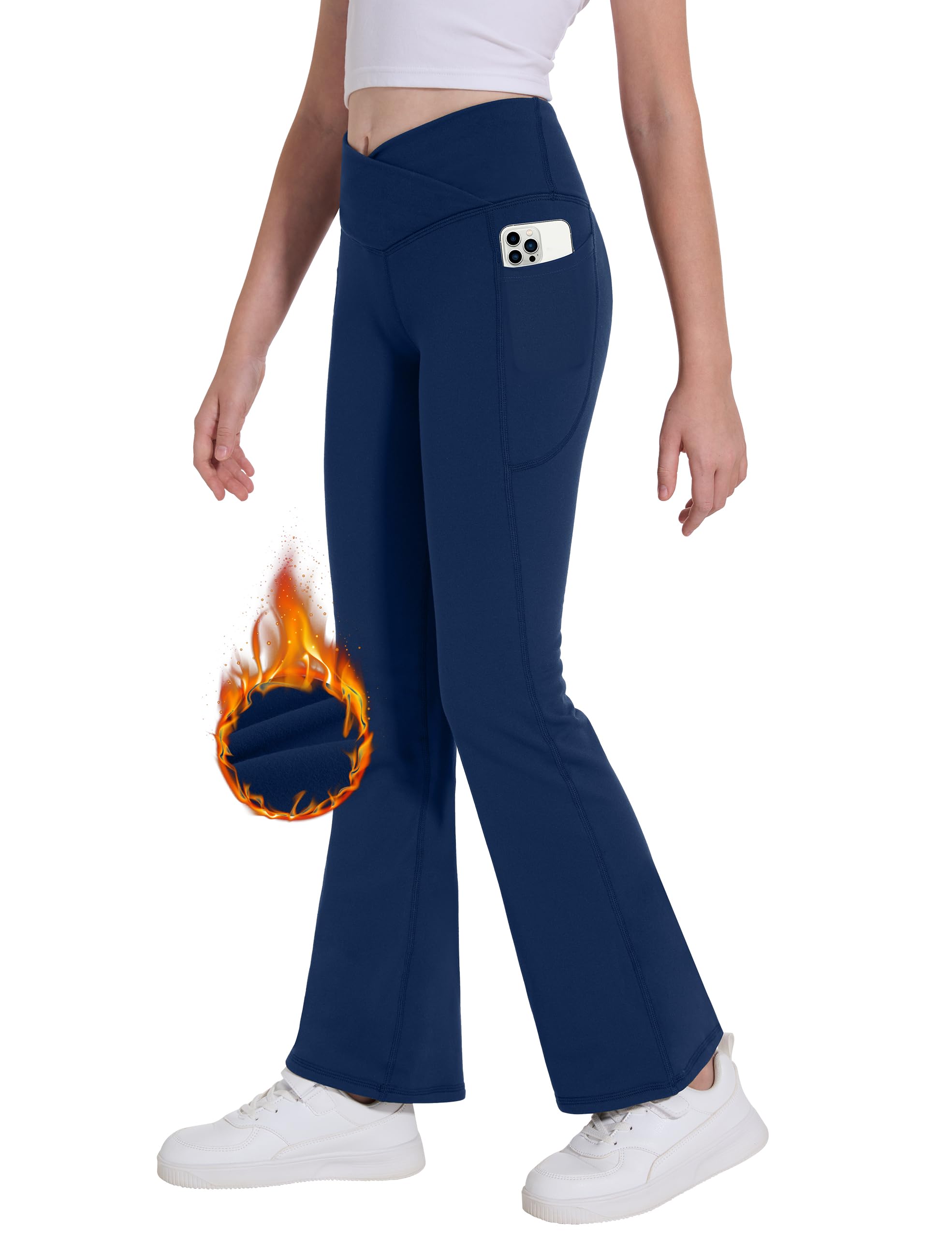 Desol Thermo Kreuzdesign Schlaghose Mädchen mit Taschen für Teenager Elastische Flared Leggings für Sport und Yoga Sporthose Ideale Gymnastikhose und Jogginghose