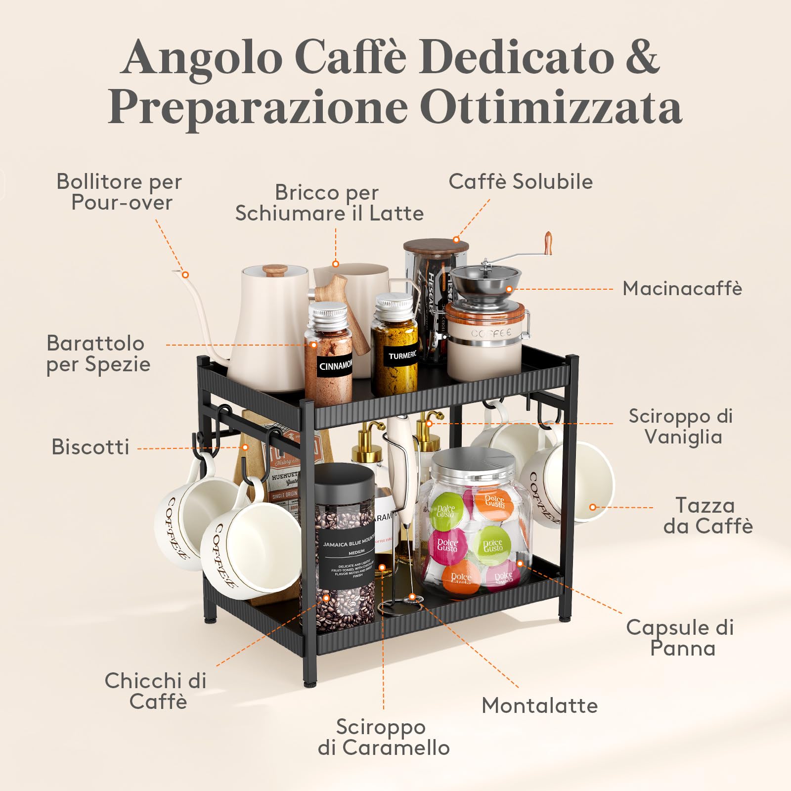 Lifewit Organizer per Caffè, 2 Livelli Portatazze da Banco, Espositore a Scaffale con 4 Ganci, Contenitore per Accessori da Caffè per la Cucina di Casa, Nero