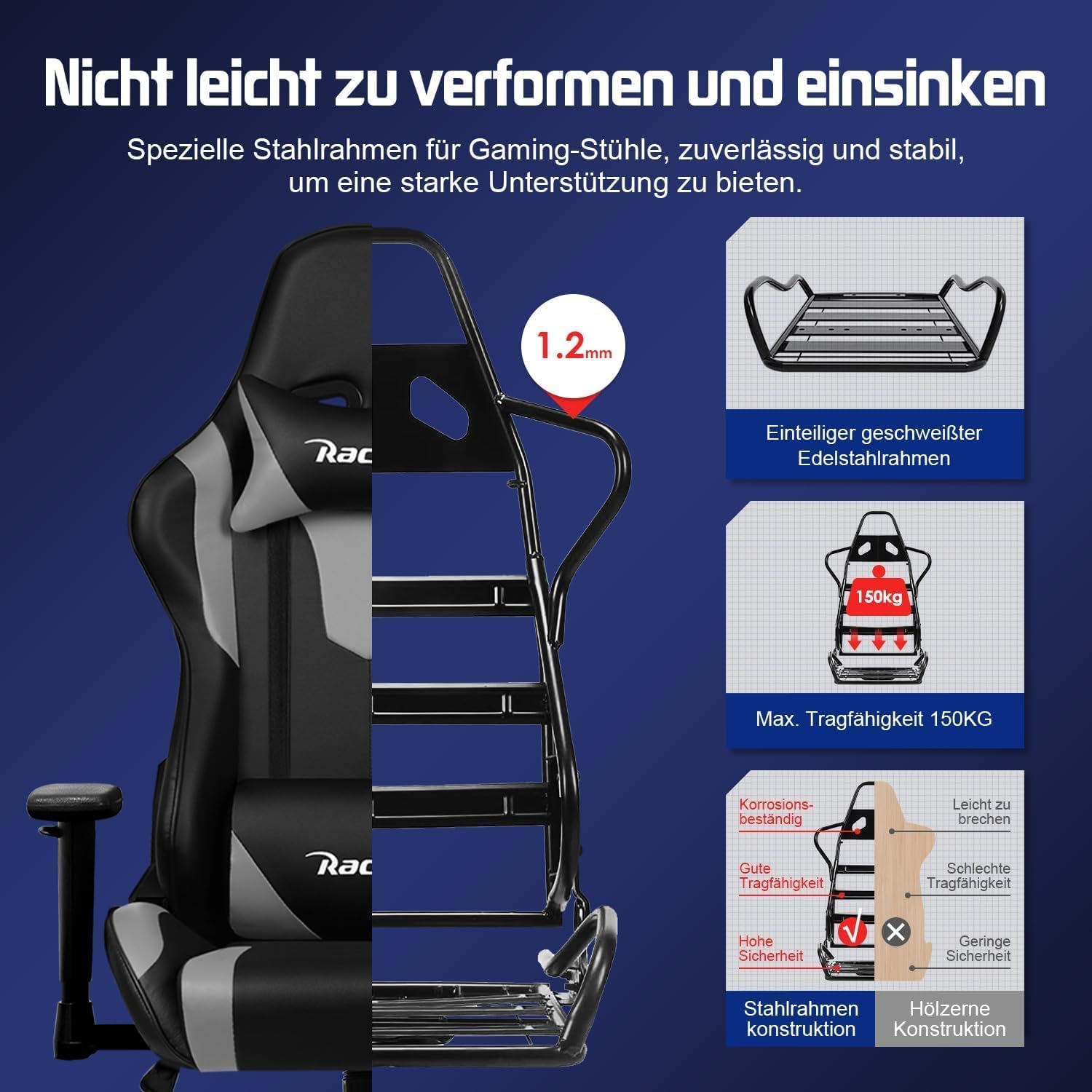 Homimaster Gaming Stuhl, Gaming Chair mit verstellbare Lendenkissen, Kopfkissen und Armlehnen,Ergonomischer Gamer Stuhl gepolstert, Gaming Stuhl 150 kg Belastbarkeit