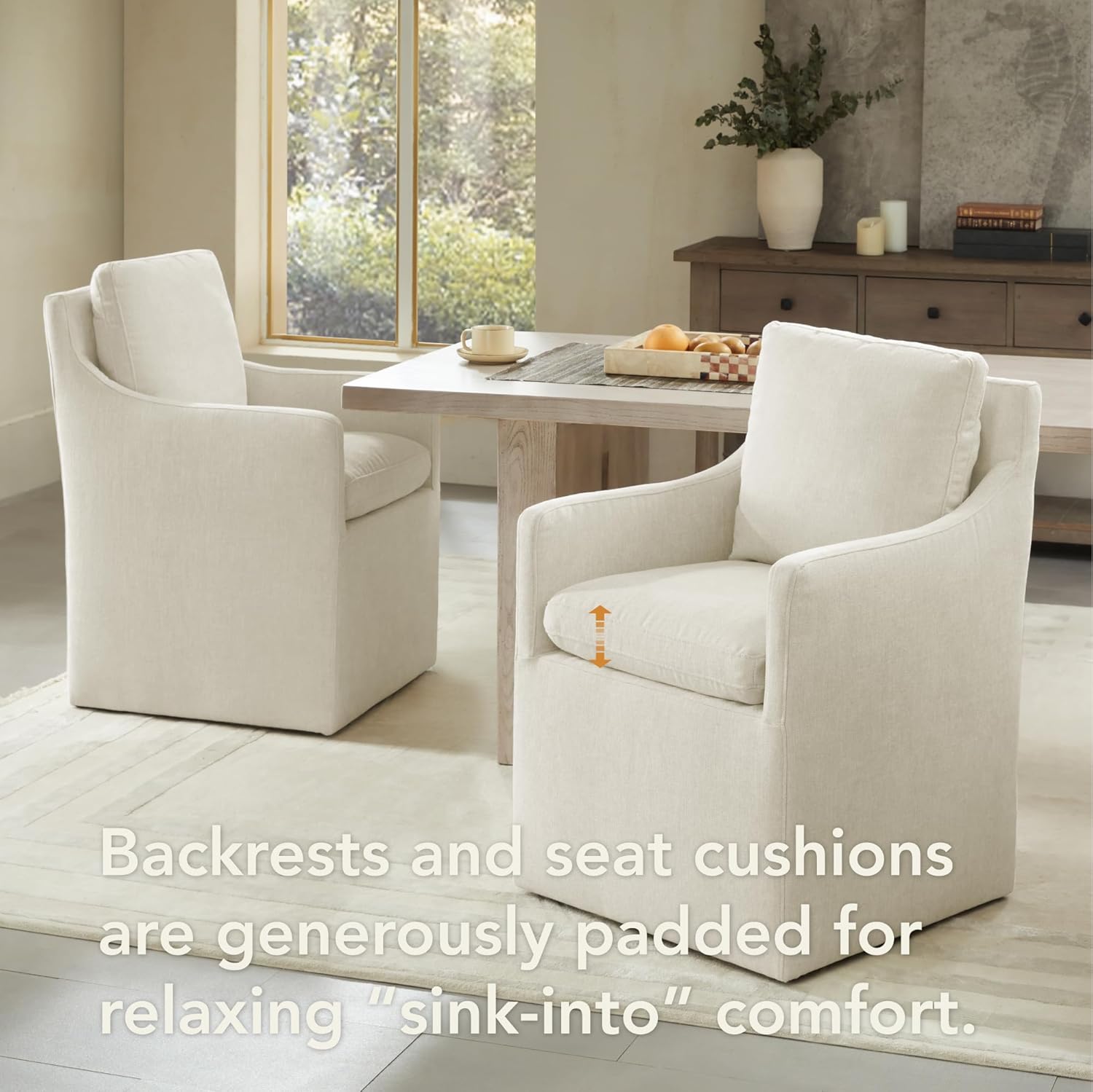 KISLOT Upholstered Dining Chairs with Casters, No Assembly Modern Accent Armchair with Rollers for Dining Room, Bedroom, Living Room, Reading Room, Already Assembled, Beige, 2 Box