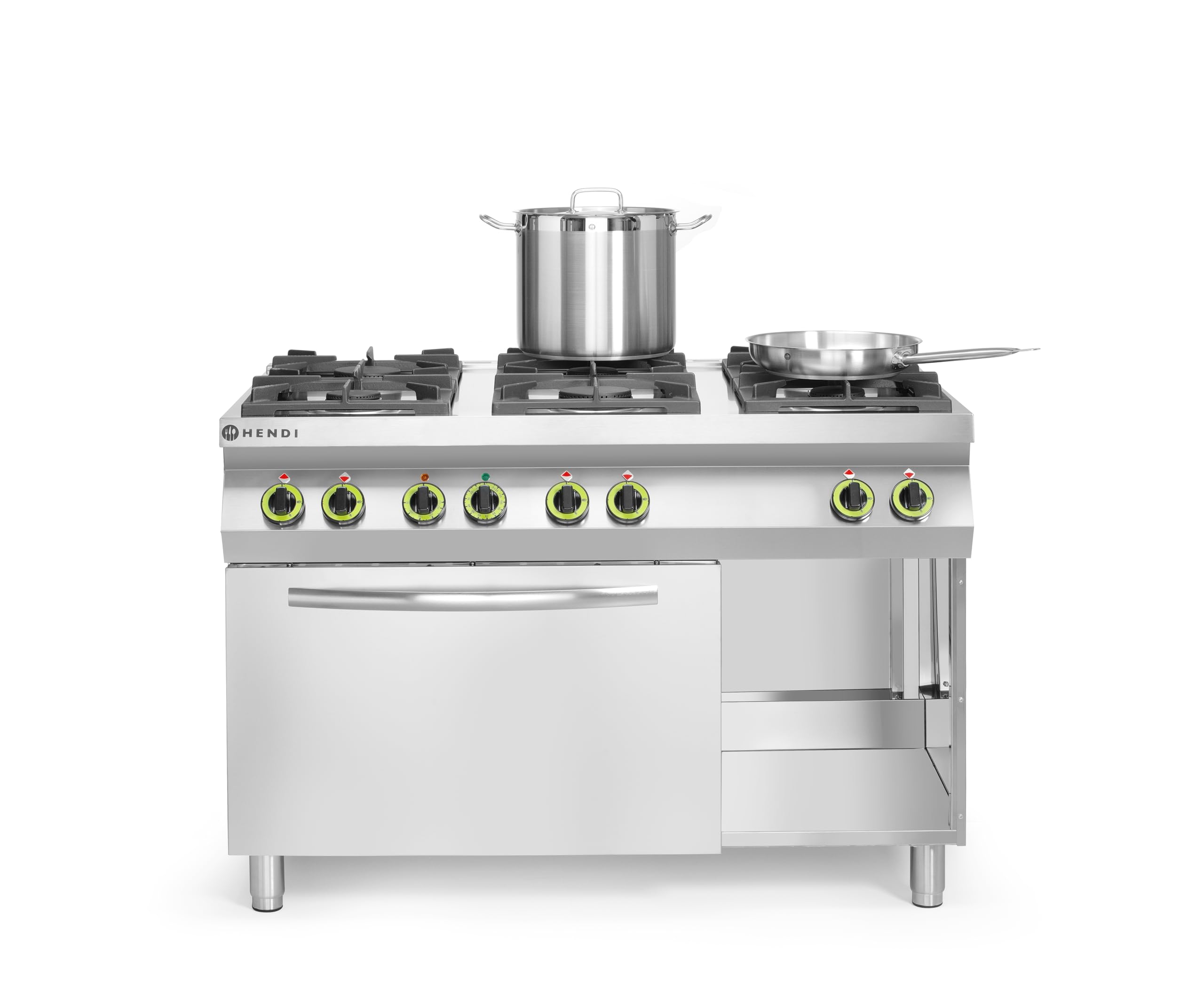 HENDI Fourneau à gaz professionnel avec 6 brûleurs (28,5kW) et four électrique à convection intégré GN 1/1, espace de rangement, pour gaz naturel (kit GPL inclus), 230V/3000W, 1200x700x(H)900mm, inox