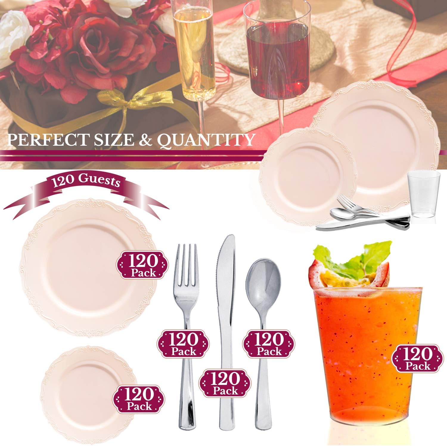 Elegant Plastic Plates, Disposable Dinnerware Sets, Plastic Dinner Plates, Disposable Plates for Party, Disposable Plastic Plates, Party Plates (Pink, Wedding Value Set (120 Guests))