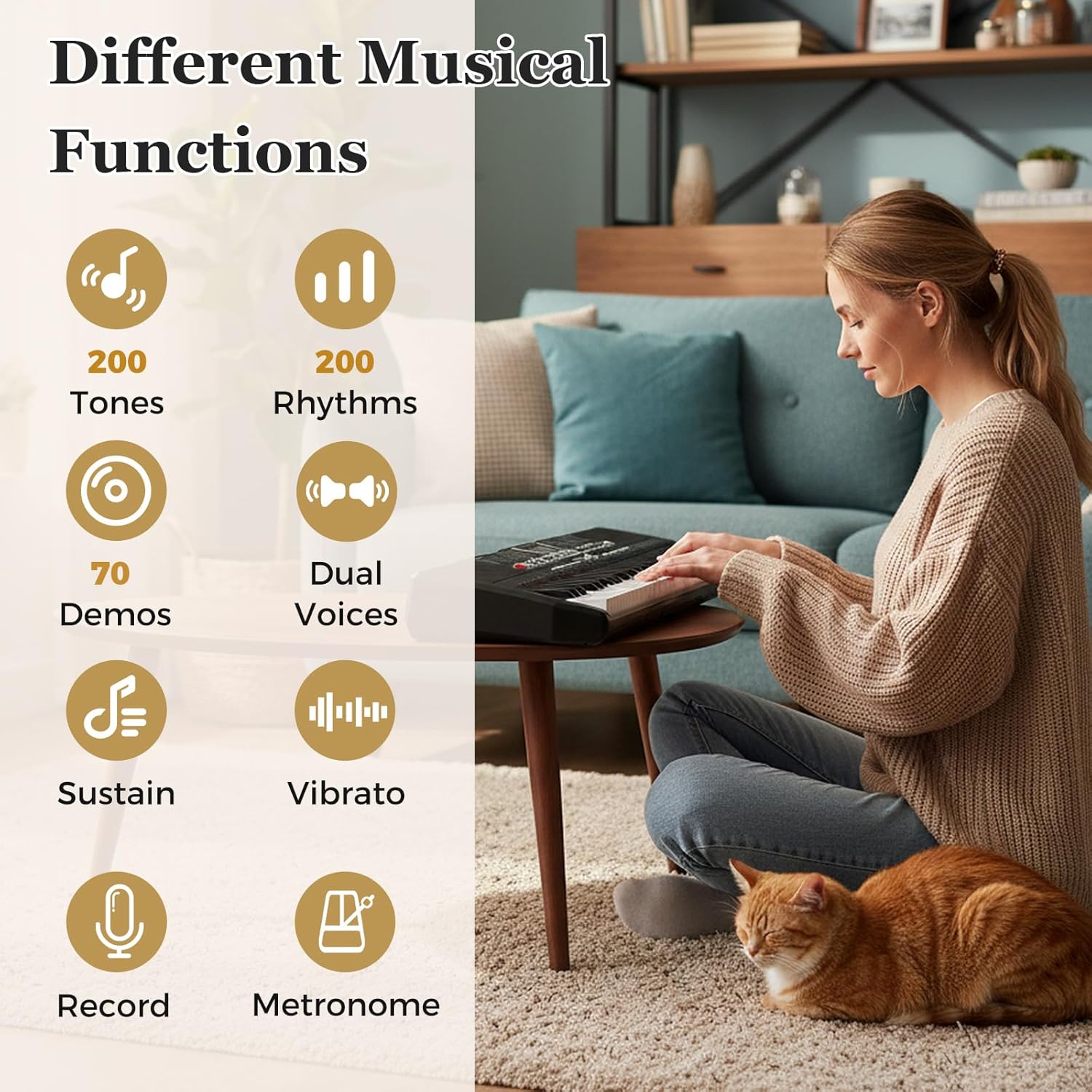 Infographic detailing the various musical functions of the keyboard, including tones, rhythms, demos, sustain, vibrato, record, and metronome.