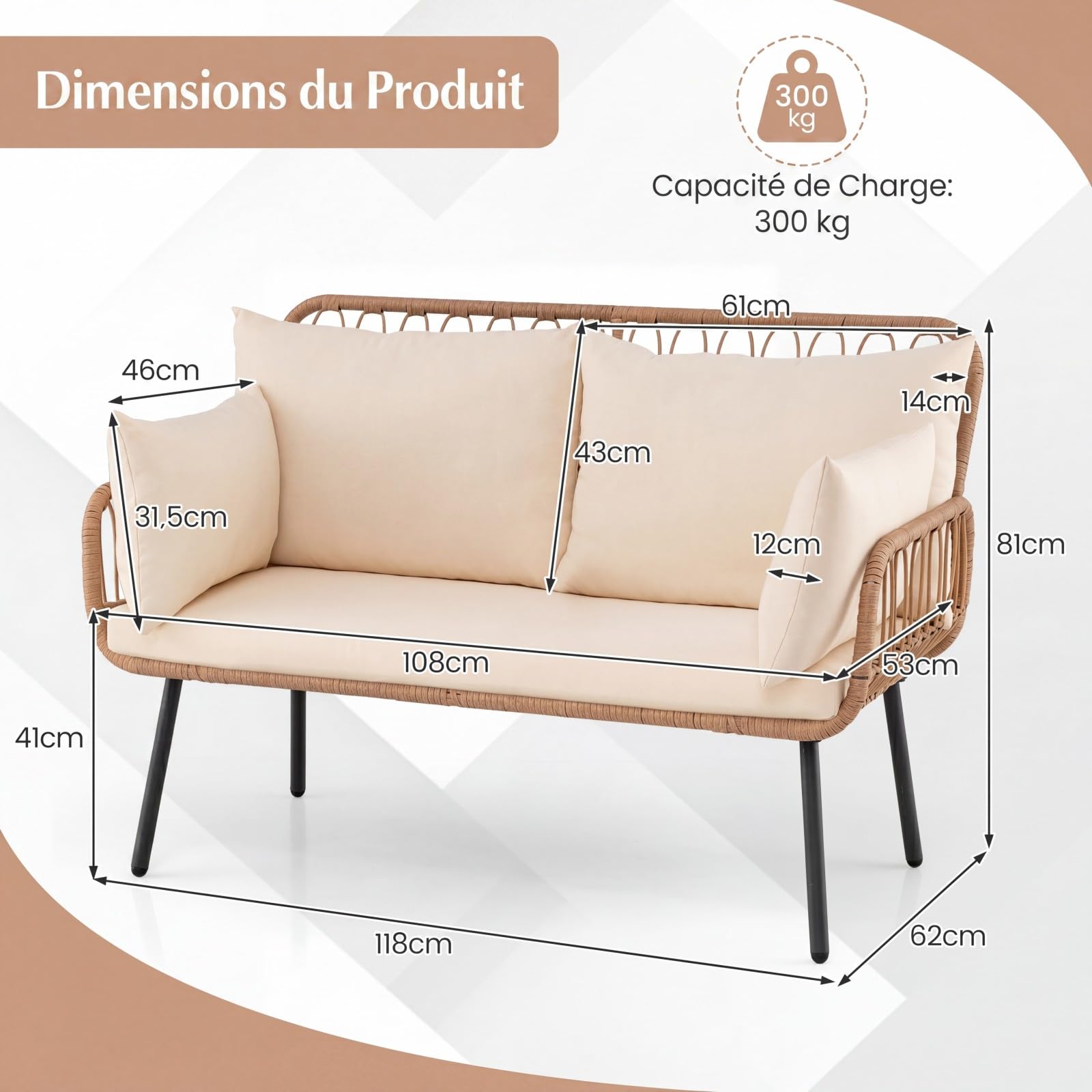 COSTWAY Canapé de Jardin 2 Places en Rotin PE, Banc de Jardin avec Coussins, Oreillers, Cadre en Métal, Pieds Réglables, Banquette pour Balcon Terrasse Piscine, Charge 300 kg, 118 x 62 x 81 cm