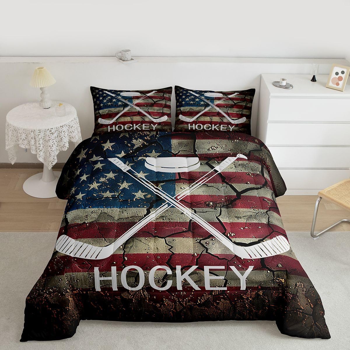 Erosebridal Ice Hockey Comforter Set Twin Size, American Flag Duvet Insert for Kids Boys Teens, Hockey Sports Game Bedding Set United States Federations Stars Stripes Retro Quilt with 1 Pillow Case