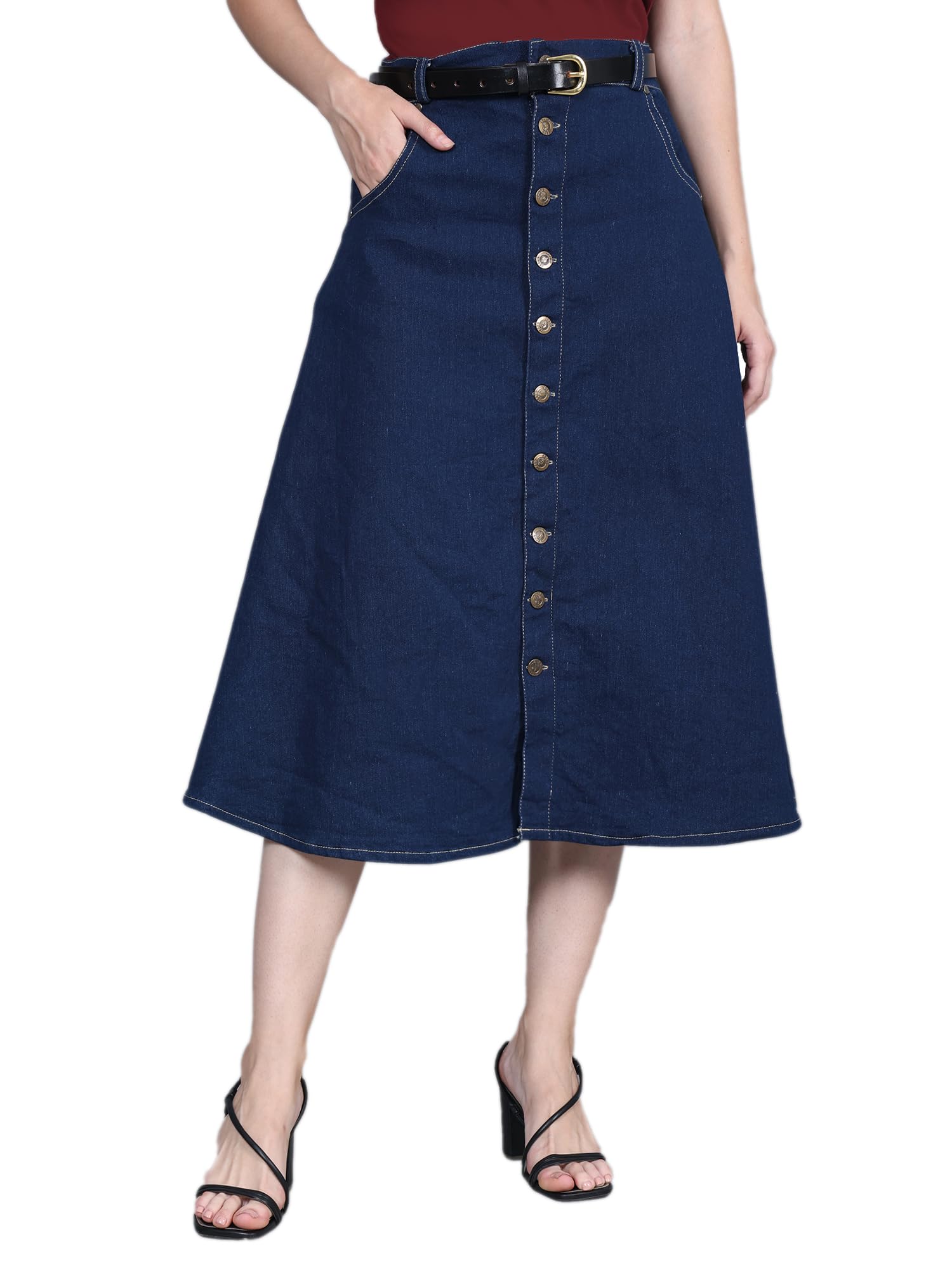codaisy pro Women High Waist Denim Midi Skirt | Button Front A-Line Skirt-picture-36