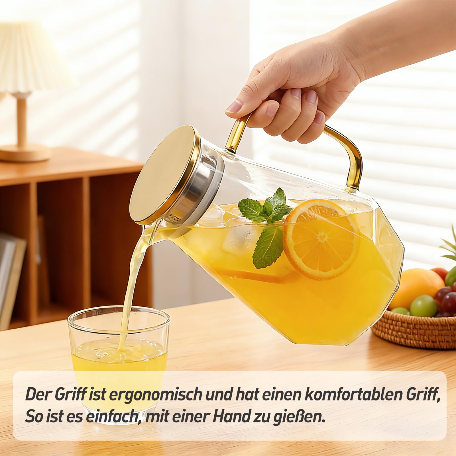 Caraffa in vetro da 2 litri, con manico e coperchio in acciaio inox dorato, brocca in vetro per acqua, succhi di frutta, latte, caffè, tè, lavabile in lavastoviglie