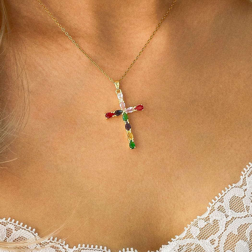 Gold Cross Rainbow Necklace Cross Faith Pendant Necklaces Colored Crystal 18K Gold-plated Exquisite Pendant Prayer Religious Jewelry for Women - Image 2