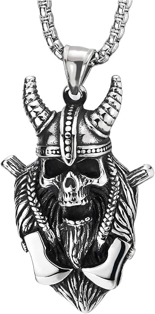 COOLSTEELANDBEYOND Men Steel Vintage Viking Helmet Horn Ax Pirate Skull Pendant Necklace, 30 inches Wheat Chain, Gothic