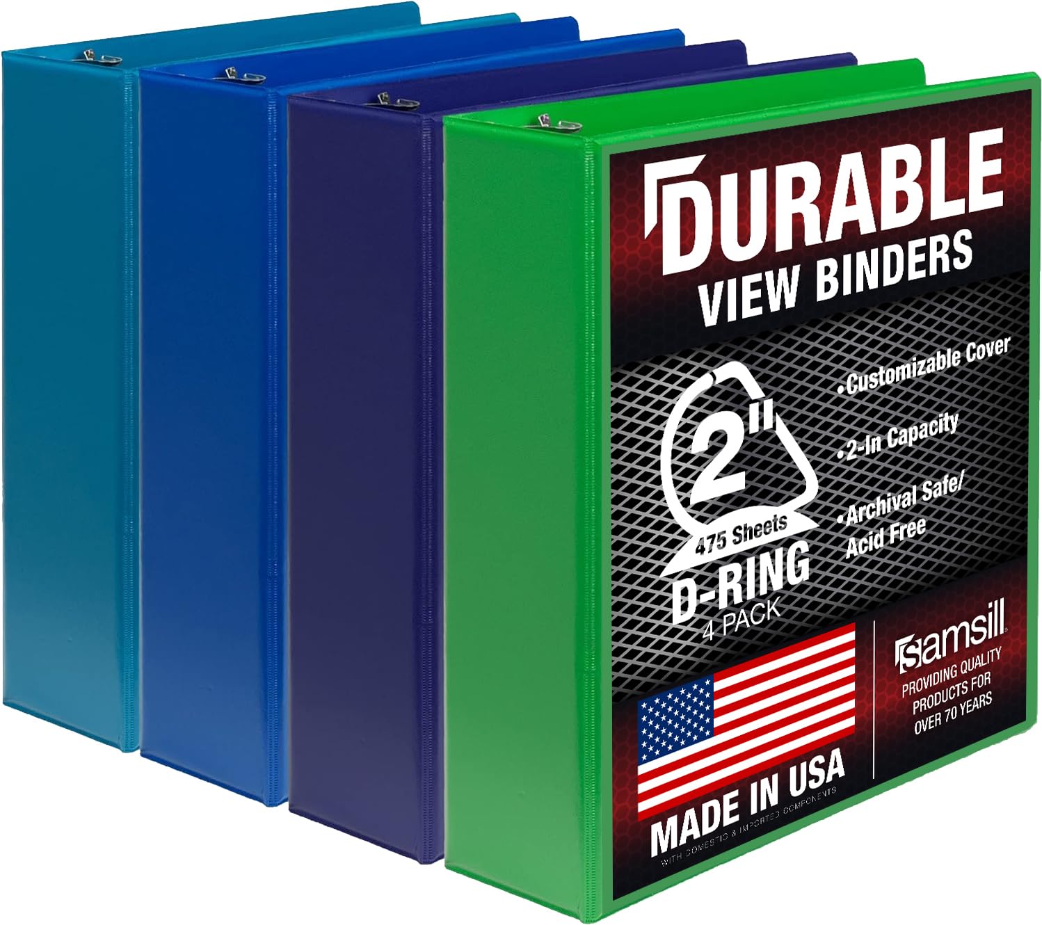 Samsill Durable 2 inch 3 Ring Binder, D Ring Binder, 100% Recycled Chipboard, Marine Assortment, 4 Pack