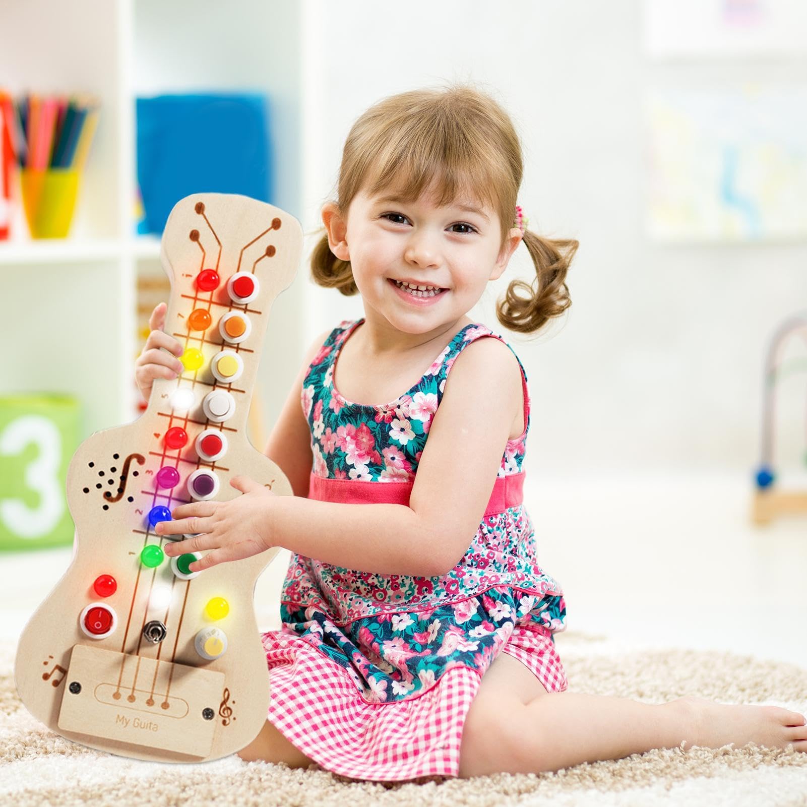Tableau D'Activités Sensoriel En Bois – Guitare LED Avec 8 Notes Et Lumières – Jouet Éducatif Dès 1 An, Pour Tout-Petits De 1 à 4 Ans