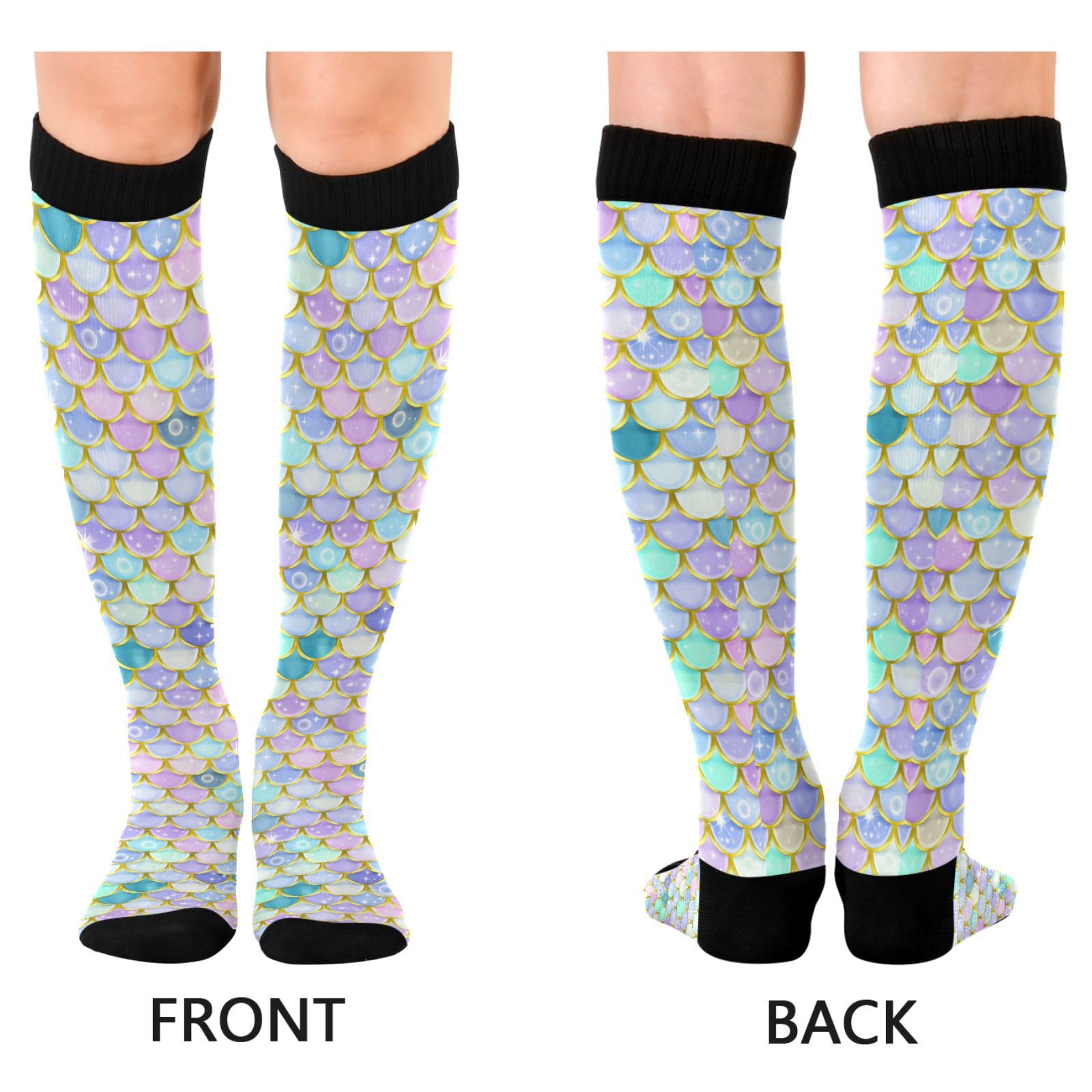 Wassud Colorful Mermaid Scales Compression Socks for Women and Men 20-30 mmHg Knee High Socks for Nurses Travel Socks 1 Pair