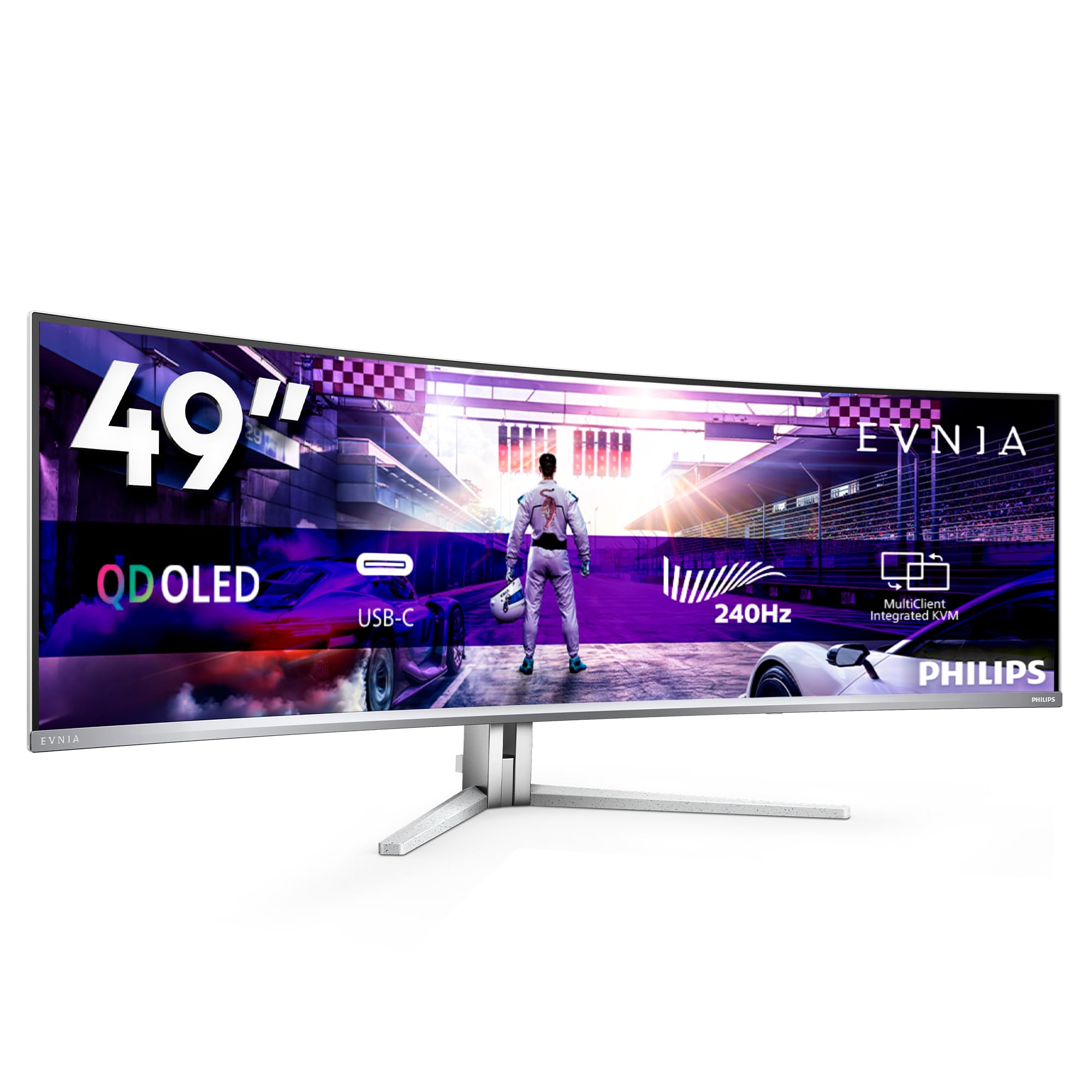 Philips Evnia 49M2C8900-49 inch OLED DQHD Curved Gaming Monitor, 240 Hertz, 0.03ms GtG, HDR400, Ambiglow (5120x1440, HDMI 2.1, DisplayPort 1.4, USB-C, USB Hub) white