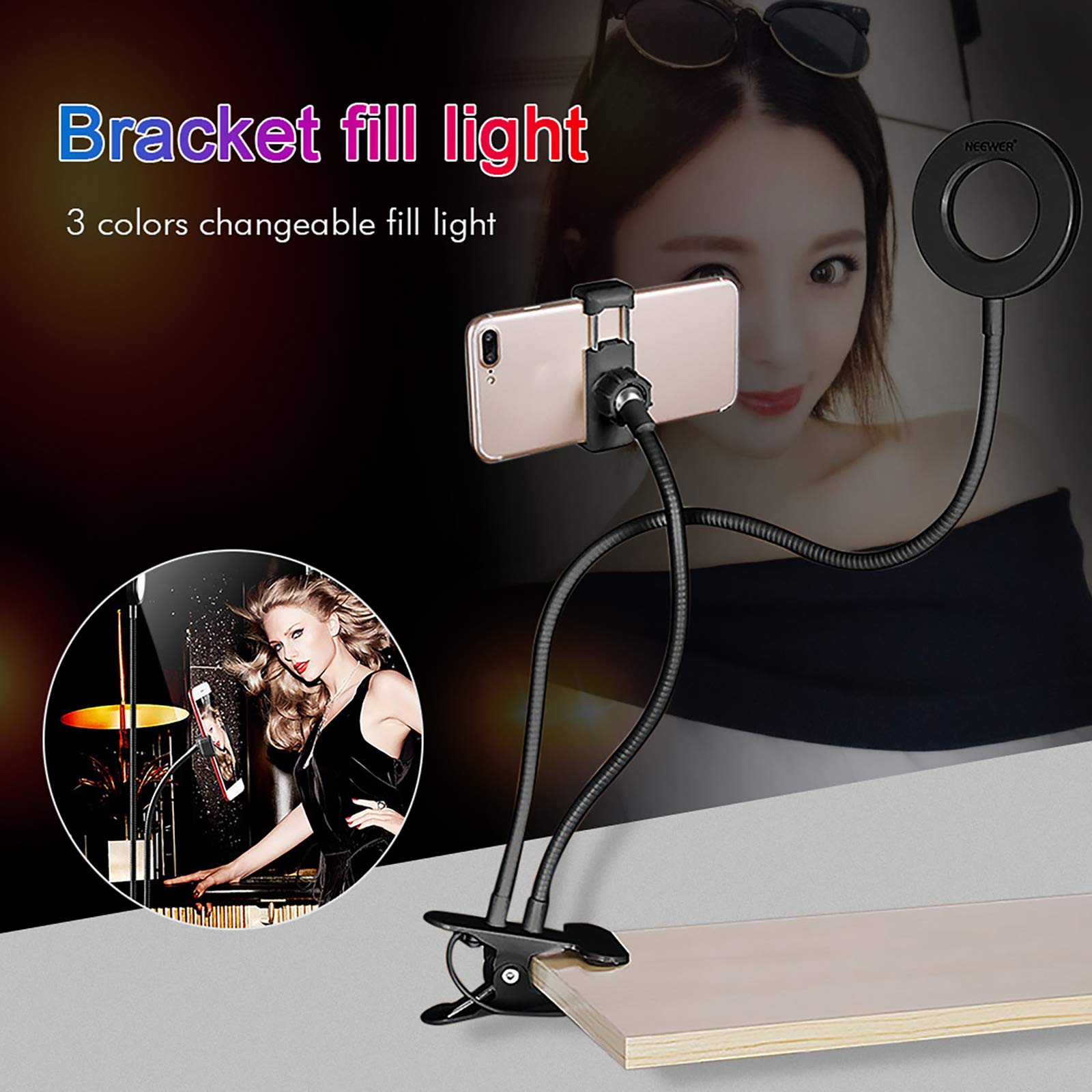 Anello Luminoso Selfie da 3,5 Pollici con Supporto Telefono Cellulare, Illuminazione a LED dimmerabile Rotante a 360 ° con Bracci Flessibili, Registrazione Video Trucco in Streaming dal Vivo