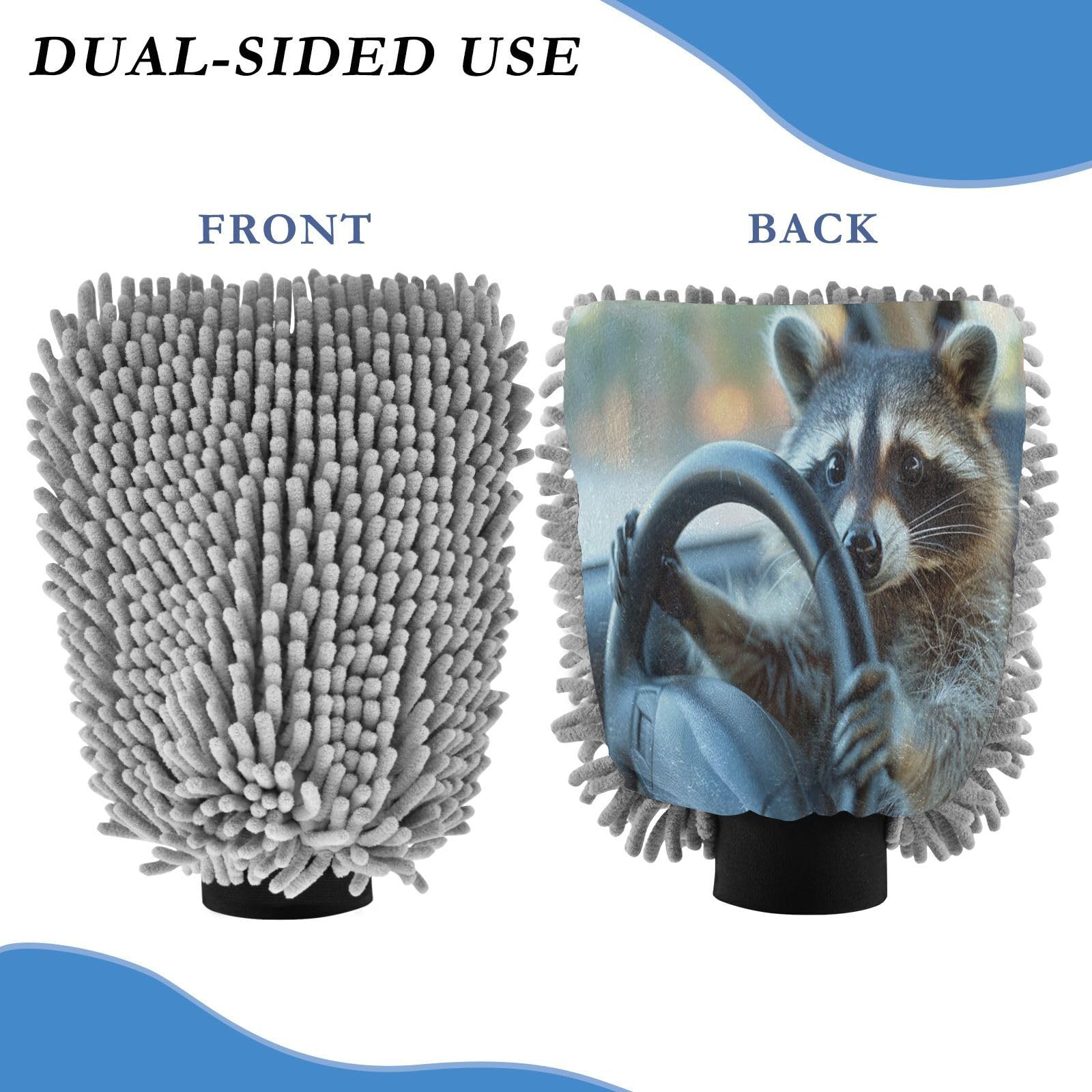 Kigai Cute Raccoon Playing Guitar Car Wash Mitt Microfiber, 2Pcs Scratch Free Lint-Free, Premium Chenille Microfiber Mitt Car Wash Brush-L