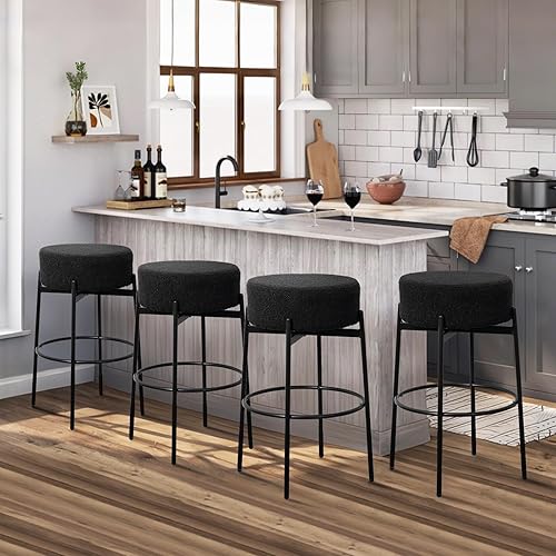 Miniatura 4 de SoarFlash Juego de 2 taburetes de bar giratorios modernos, taburetes giratorios de sherpa de 30 pulgadas con asiento redondo suave acolchado Boucle