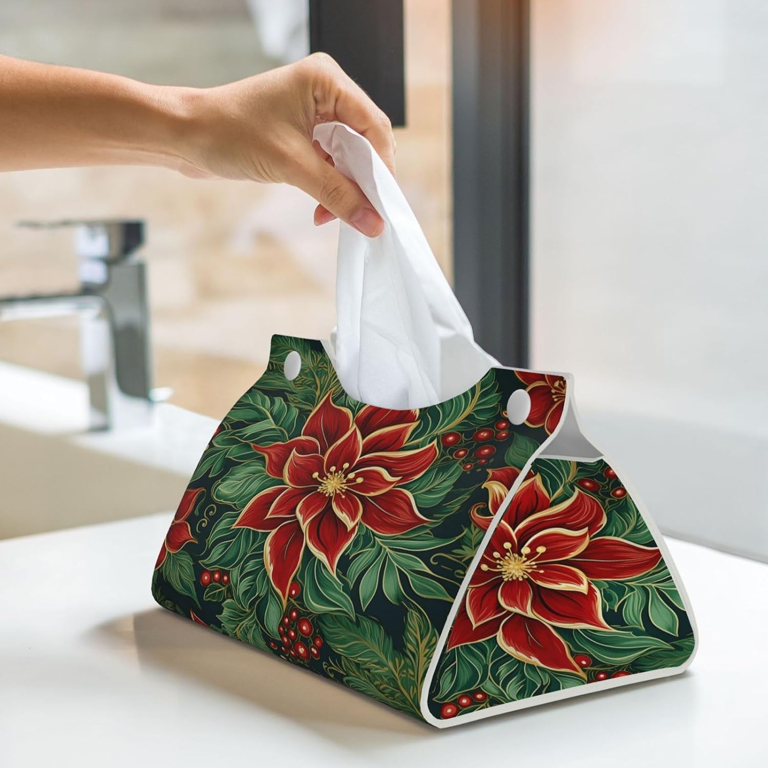 Leaves Holly Flowers Christmas Rectangle Tissue Box Cover Rectangular Tissues Boxes Cover Decor Tissue Case Paper Holder Organizer Long Leather Tissue Case Box Cover for Bedroom Dining Office Desk image 3