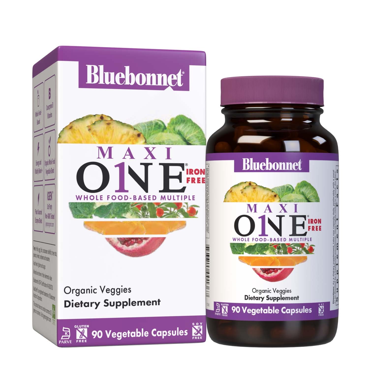 Bluebonnet Nutrition Maxi One (Iron-Free), Whole Food Multiple, Enzymes, Energy, Vitality, Gluten, Soy & Green Free, Kosher, Vegetarian Friendly, Non-GMO, 90 Count 1