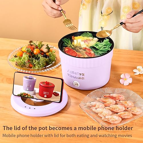 Miniatura 4 de Mini olla eléctrica, olla pequeña multifuncional, olla caliente eléctrica versátil, sartén de 1.2 L con tapa y soporte para teléfono, olla de ramen