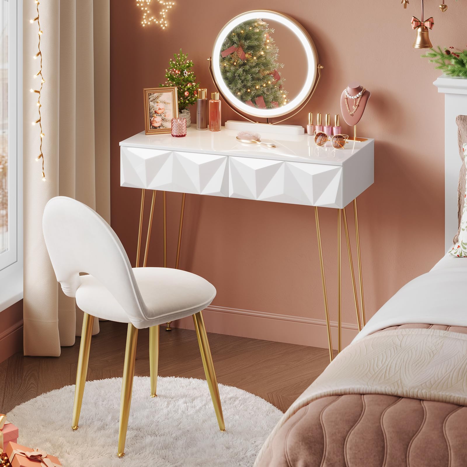 EUGAD Tocador de Maquillaje con Luz y Taburete, Conjunto de Tocador con Espejo con Silla Terciopelo, con 2 Cajones, Blanco + Dorado, 0056SZT