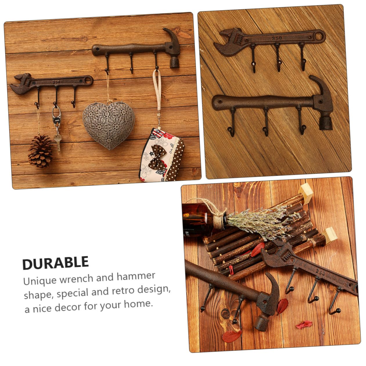Gatuida Set di Ganci da Muro in Ferro Stile Industriale Forma Martello e Chiave Inglese, Decorativi e Resistenti per Soggiorno e Casa