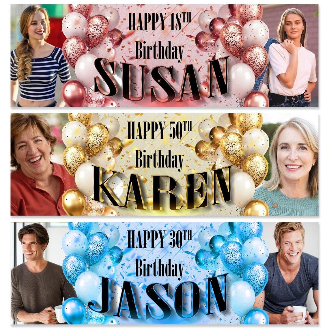 Personalised Birthday Banner 1ftx3ft Photo Children Man Woman boy girl Party Blue Pink gold Poster Decoration Celebration Retirement Congratulation-18th 30th 40th 50th 60th