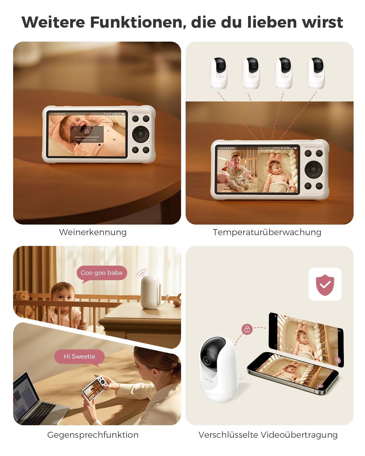 Momcozy BM04 Video Babyphone mit 2 Kameras & App, 1080P 5-Zoll WLAN Babyfone Monitor, 4X Zoom, Bewegungs- & Weinerkennung, sicherer Zaun, klare Nachtsicht, 2-Wege-Gespräch, Foto- & Videoaufzeichnun