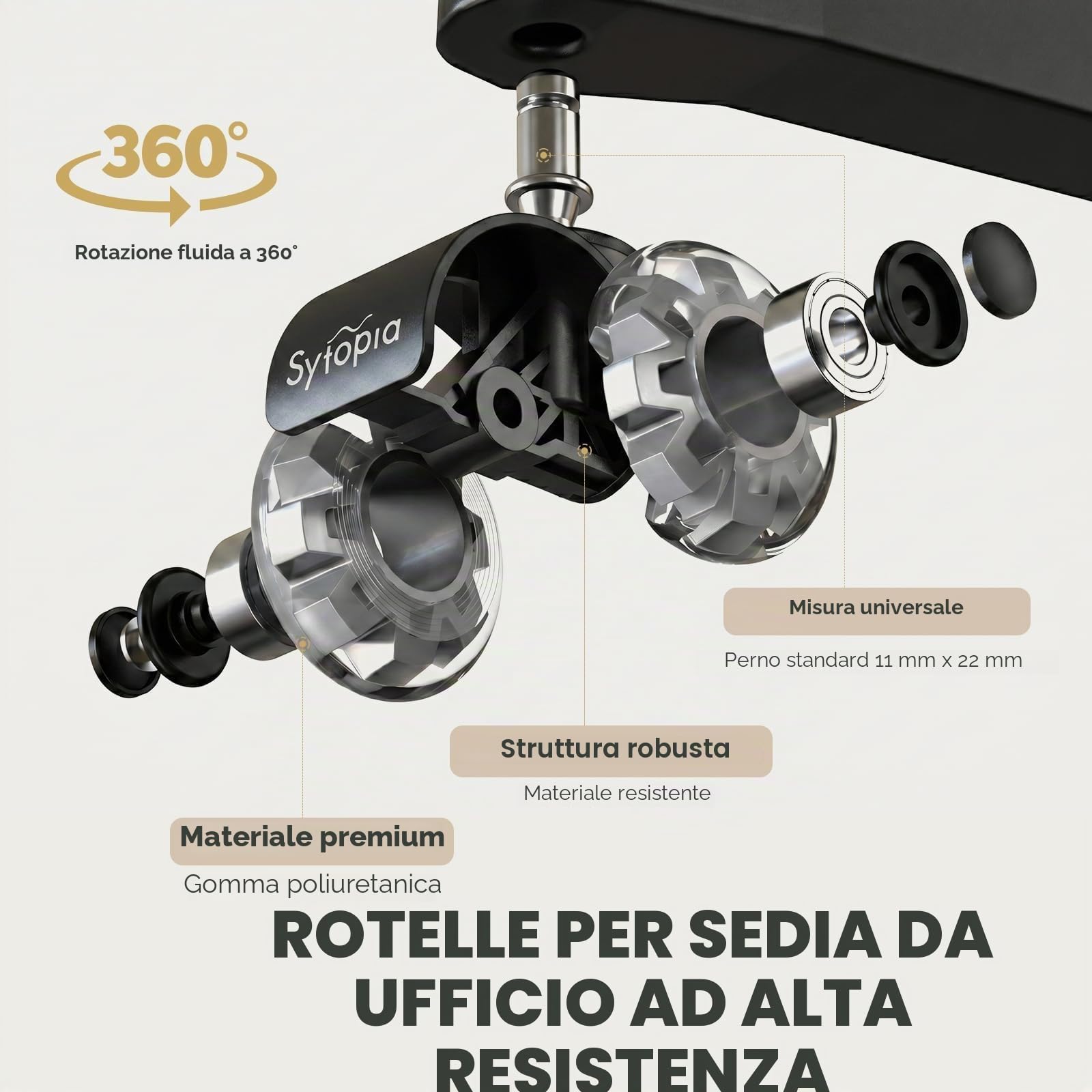 Sytopia Set di 5 ruote per sedia da ufficio, 11 x 22 mm, super silenziose e morbide, per pavimenti duri, parquet, moquette, laminato, non richiede tappetino protettivo per pavimento (non adatto per