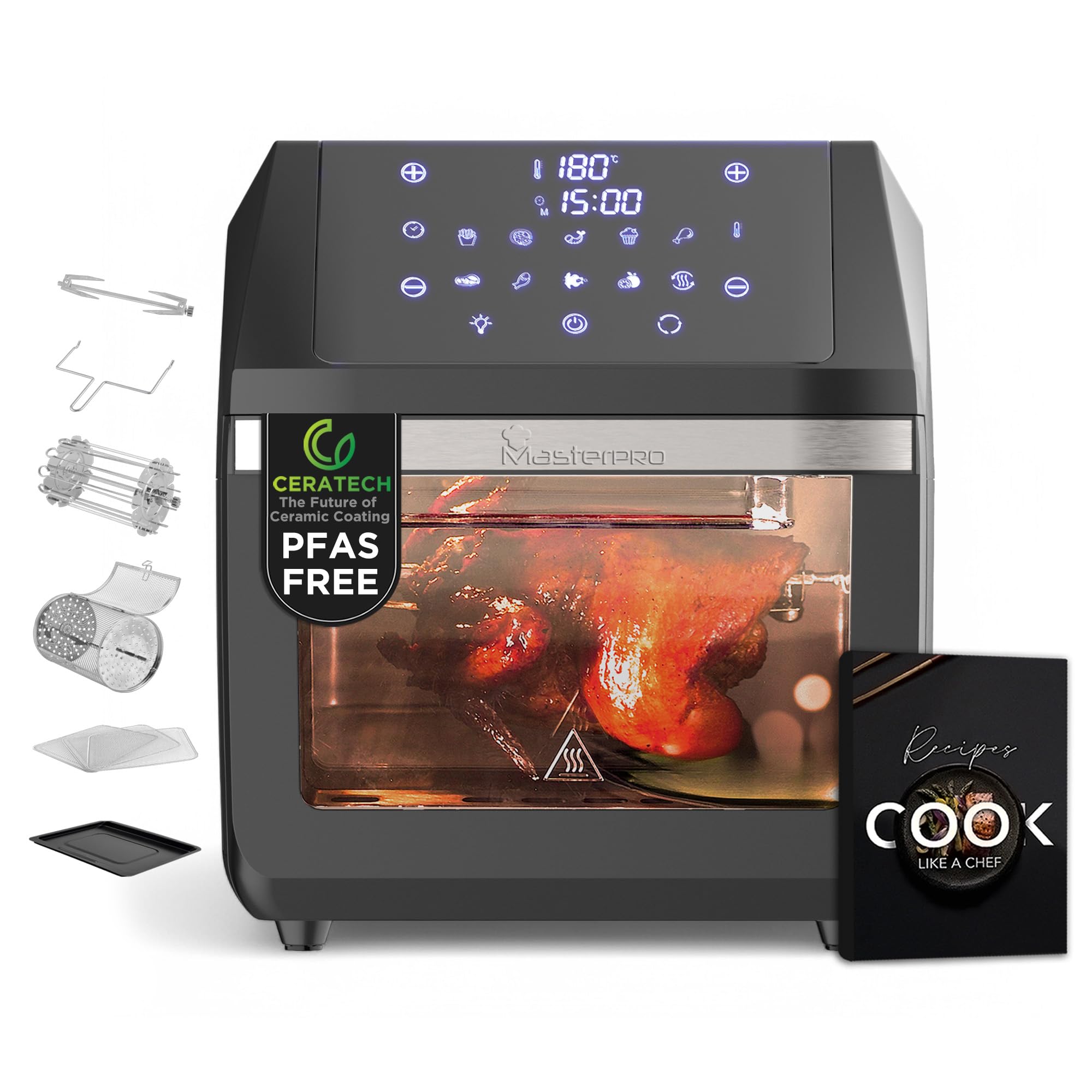 MasterPRO ROCKET - Freidora de Aire 1800W 11L - 10 Programas - Control de Temperatura 30-200°C - Revestimiento Ceratech - Incluye Cesta Giratoria, Asador, Deshidratador y Herramienta de Recogida