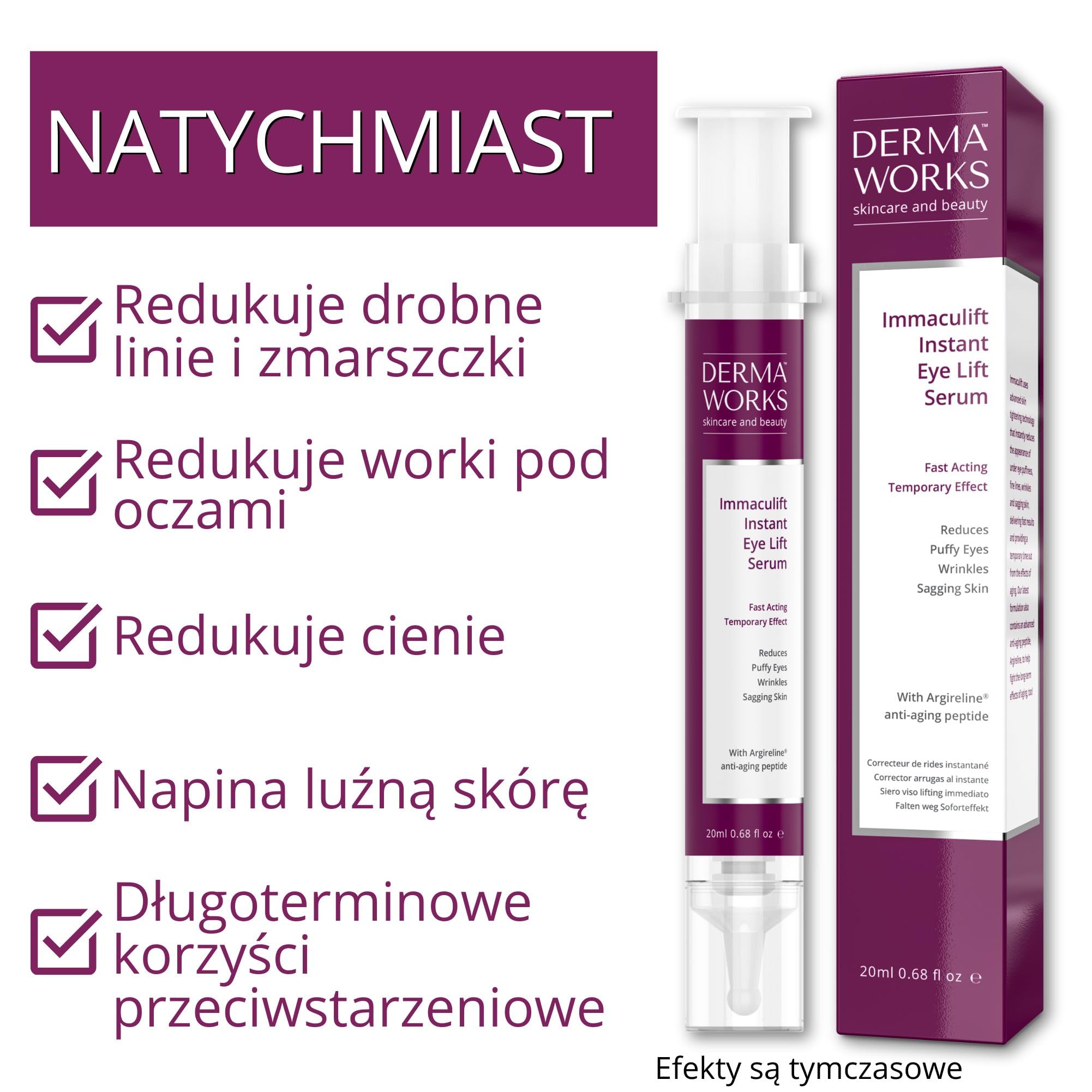 DERMAWORKS Immaculift Face Lifting Serum – Serum do Twarzy o Natychmiastowym Efekcie Liftingu, Przeciwzmarszczkowa Pielęgnacja pod Oczy dla Kobiet – Nowa i Ulepszona Formuła, 20 ml