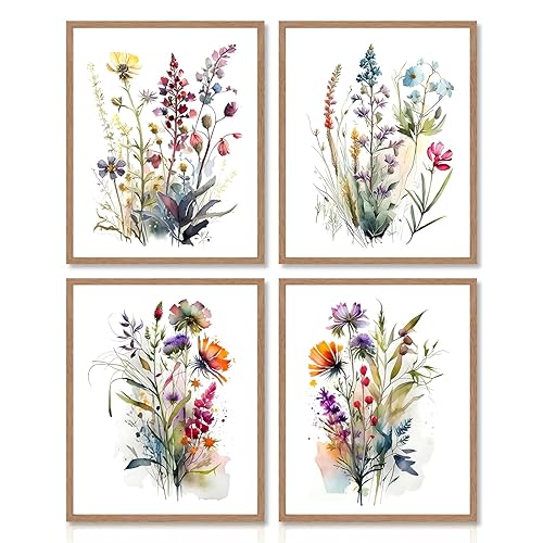 Dazzlewall 4 pcs Watercolour Wall Art Print, Colourful Floral Botanical
