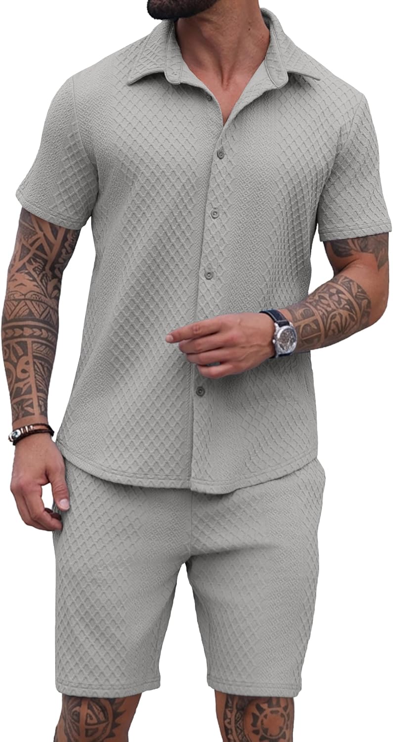 PrinStory Mens 2 Pieces Outfits Short Sleeve Tracksuit Beach Button Down Shirts and Shorts Set with Pockets