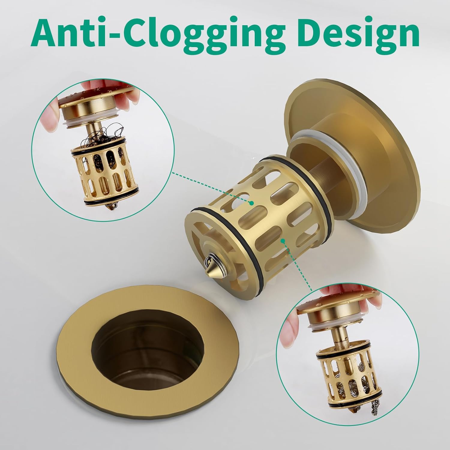 Single Handle Modern Pull Out Bathroom Sink Faucet(Black)&HEROBAI Bathroom Pop up Drain with Overflow(Brushed Gold)