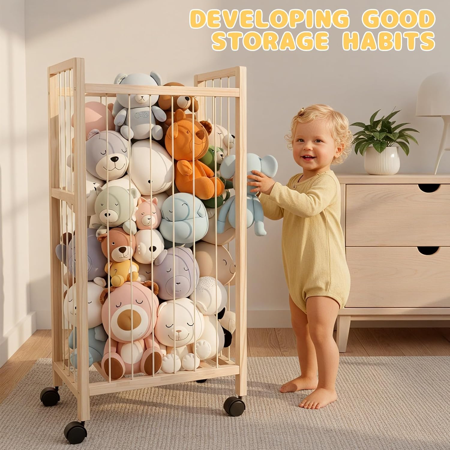 Stuffed Animal Storage, 34" Plush Toy Organizer with Wheels, Wooden Stuffed Animal Holder, Zoo Plushies Storage for Bedroom/Playroom/Living Room
