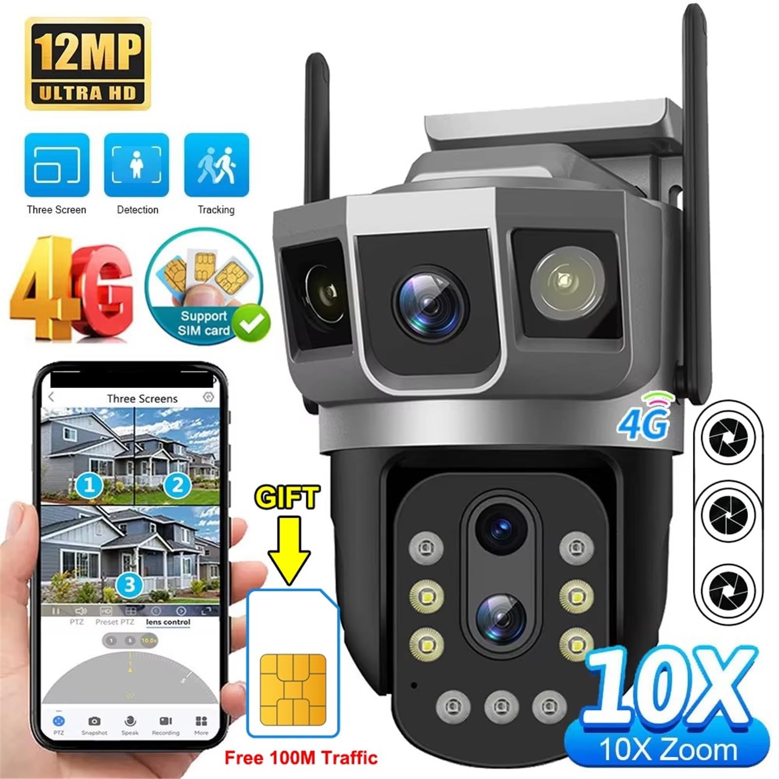 Kamera IP 4MP 6K, potrójny ekran, zoom optyczny, PTZ, wykrywanie ruchu, kolorowy, noktowizyjny monitor bezpieczeństwa(Camera 64GB Card)