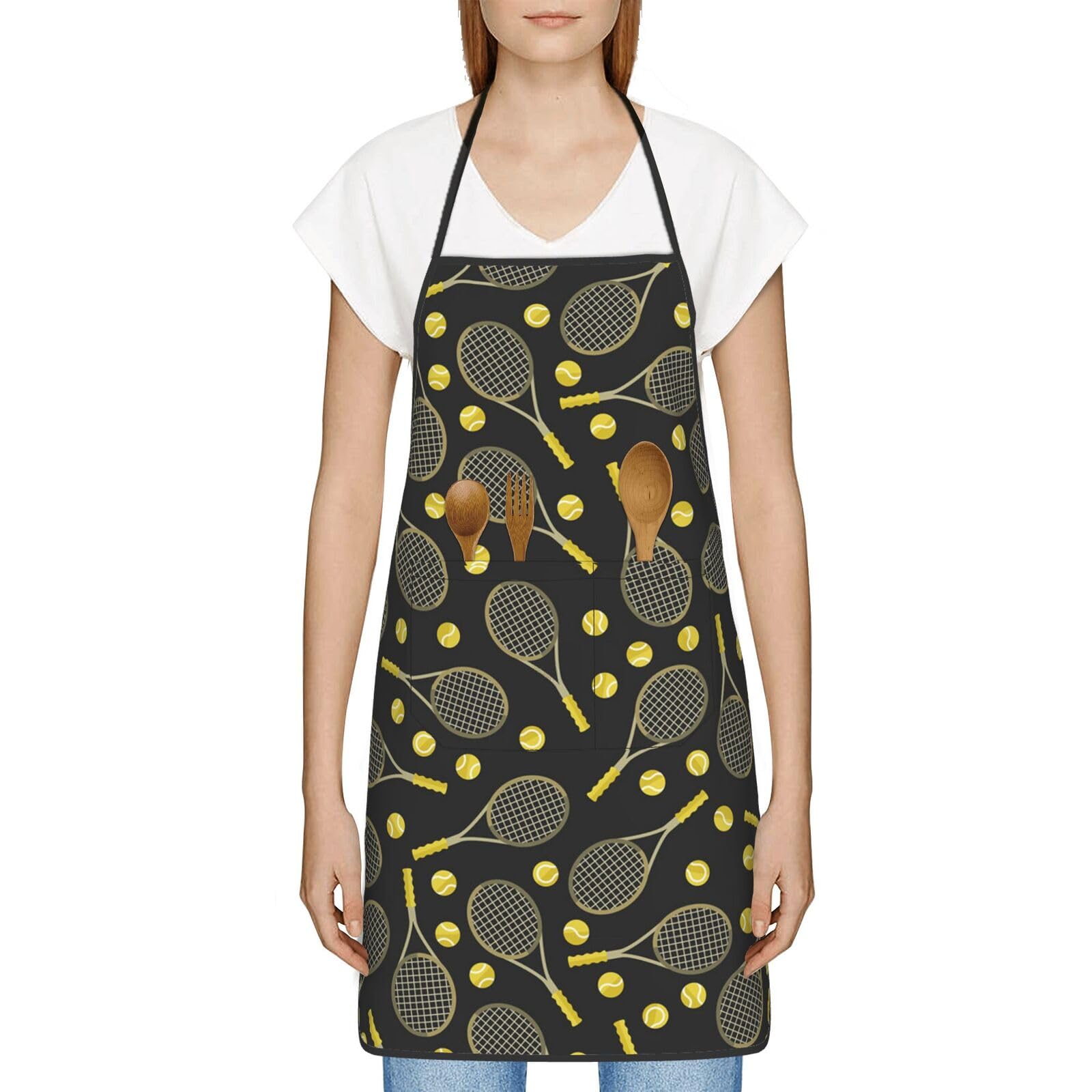 HAHAFU Funny Tennis Racquets And Tennis Balls Chef Apron For Women Men,Print Polyester Work Cooking Aprons With Adjustable Strap And Large Pocket