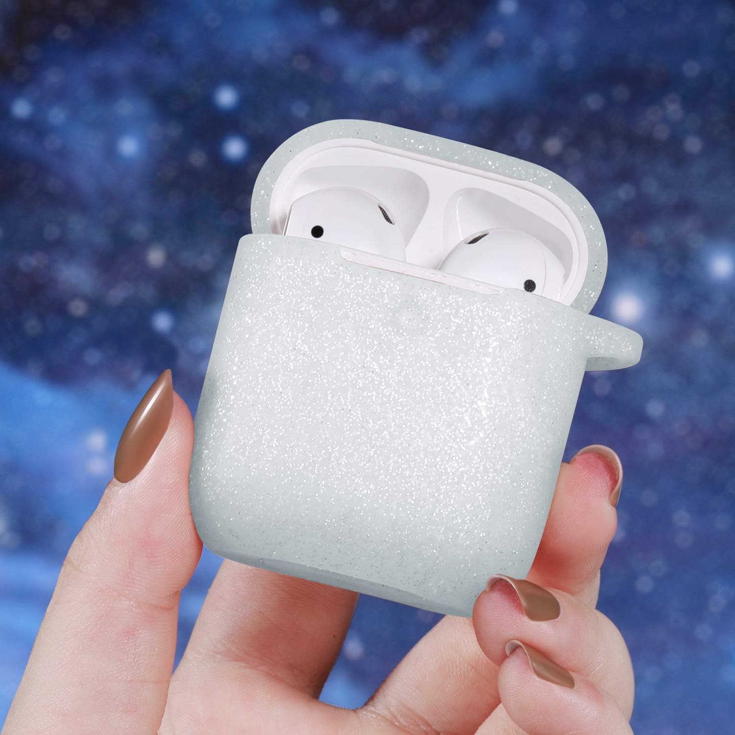 Laffav AirPods Case Silicone Protective Cover (Front LED Visible) for Women Men Compatible with Apple AirPods 2 & 1 , 2 Pack, Glitter Rose Pink, Glitter White