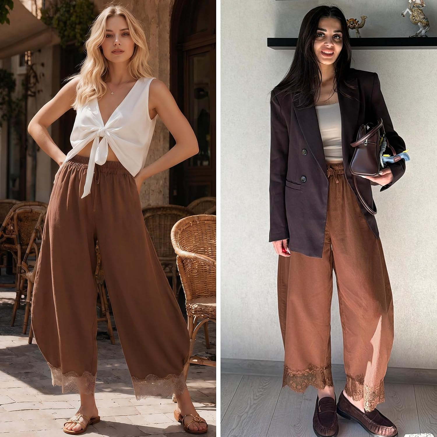 EXLURA Womens Cotton Lace Trim Wide Leg Cropped Pants Drawstring Trousers