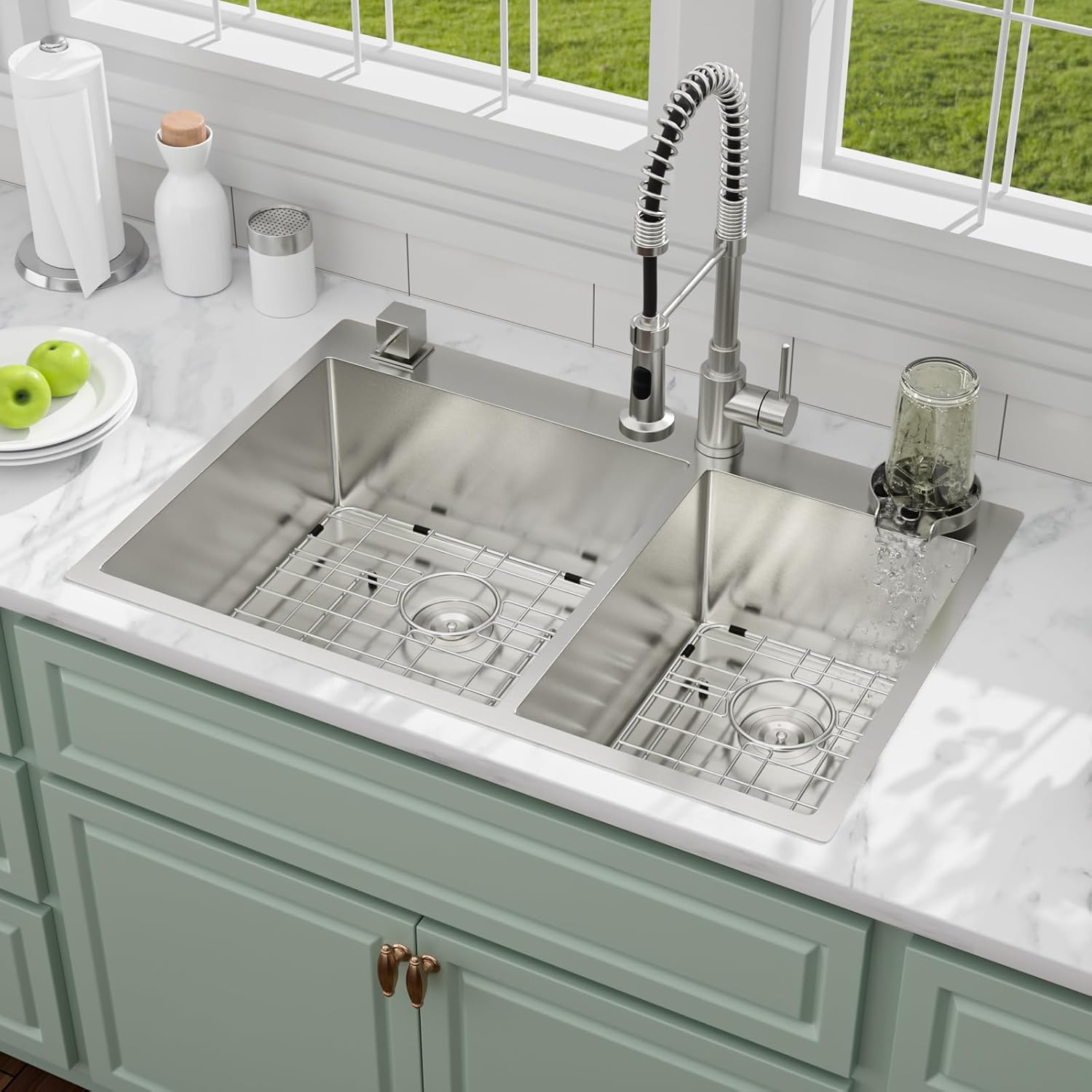 33 Inch Drop In Kitchen Sink, 33"x22" Topmount 60/40 Double Bowl Stainless Steel Sink with Glass Rinser Brushed Finish Durable Basin