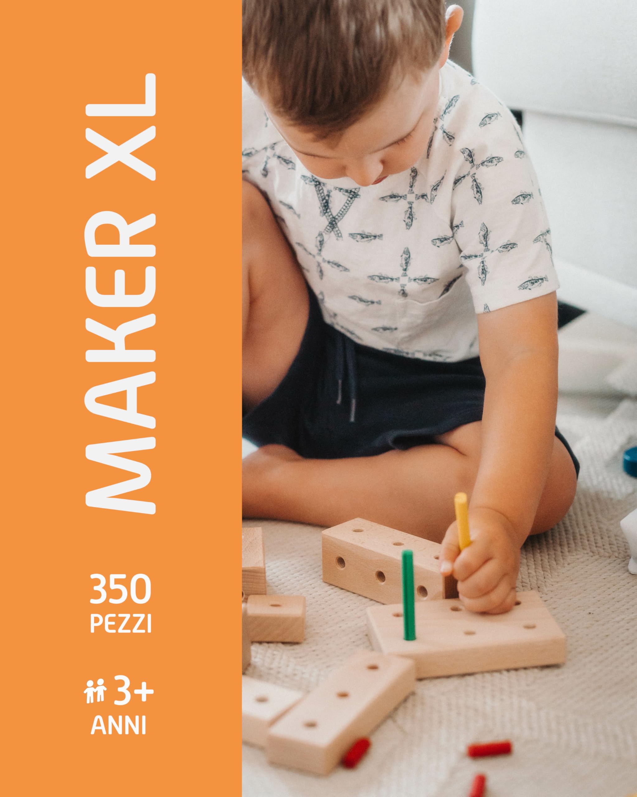 Matador Set di Costruzioni XL per Bambini da 3 Anni – 350 Pezzi | Gioco di Costruzioni in Legno coinvolgente per sviluppare creatività e motricità fine, con aste, Blocchi, Martello e Pinza