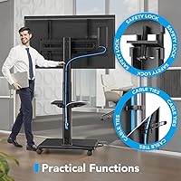 Vista 7 de AX WABER Soporte móvil para TV con tomas de corriente y estante, soporte de TV portátil con ruedas para pantalla de 27 a 65 pulgadas LCD LED OLED