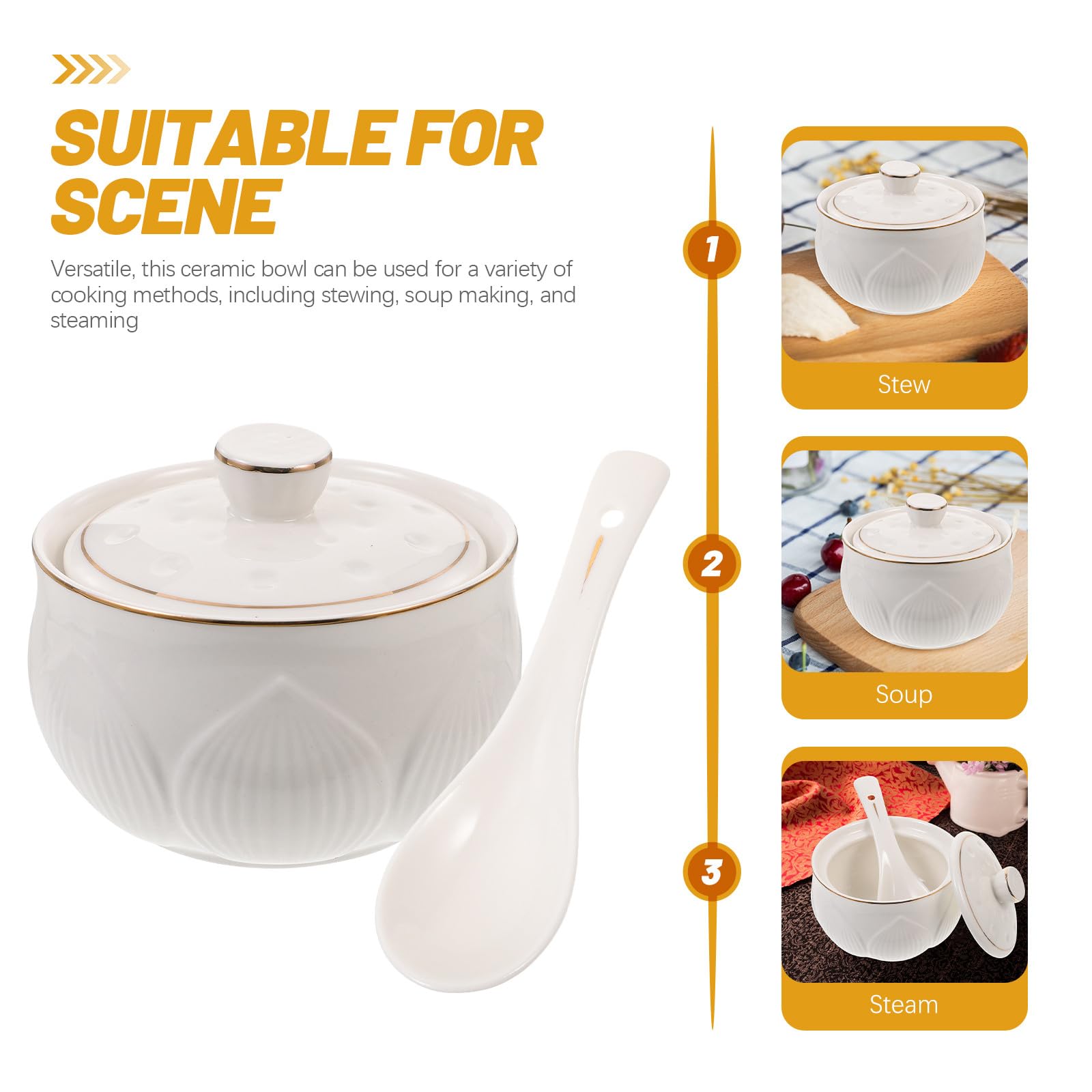 Juego de Cuencos de Cerámica Diseño Elegante y Versátil para Sopa con Tapa y Cuchara Capacidad de 330ml Adecuado para Cocinar al Vapor en Casa