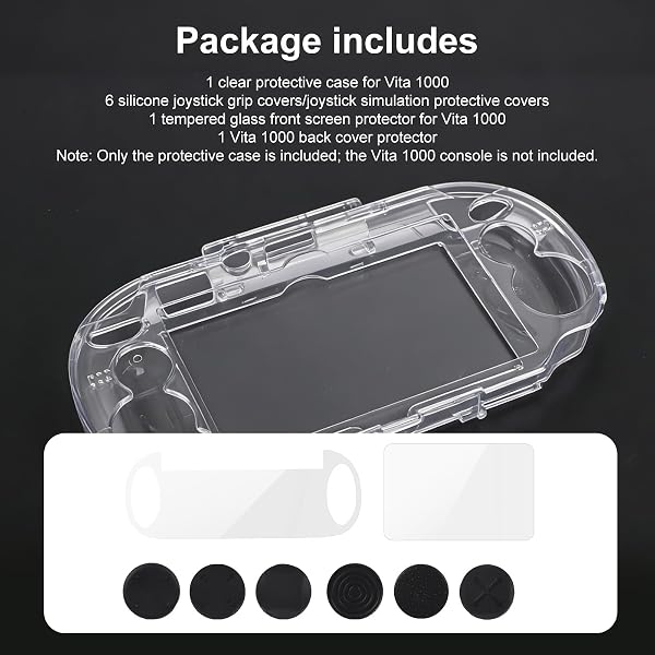 Clear Crystal Hard Shell Case Set for Sony PS Vita PSV 1000 PCH-1000 Game Console, Clear Protective Case with Tempered Glass Protective Films & Joystick Caps for Retro Game Enthusiasts - 3