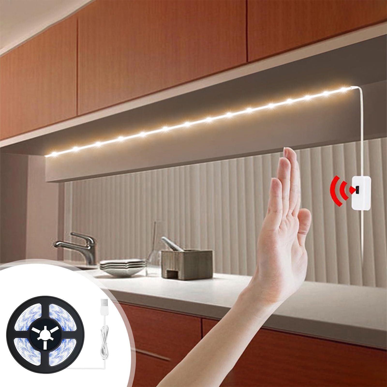 xinxinyu 2m Motion Sensor LED Strip Lights,USB Rechargeable LED Cold ＆ Warm Night Light, Auto on/Off, Battery Powered for Closet, Cabinet, Kitchen, Stairs, Under Bed Indoor Lighting (Warm Light)