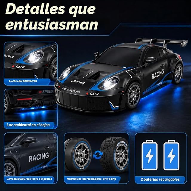 Foto 3 de 7 de Siereolly 1:24 Drift Car 4WD 2.4GHz RC 20km/h, coche de carreras de alta velocidad con dos baterías, luces LED