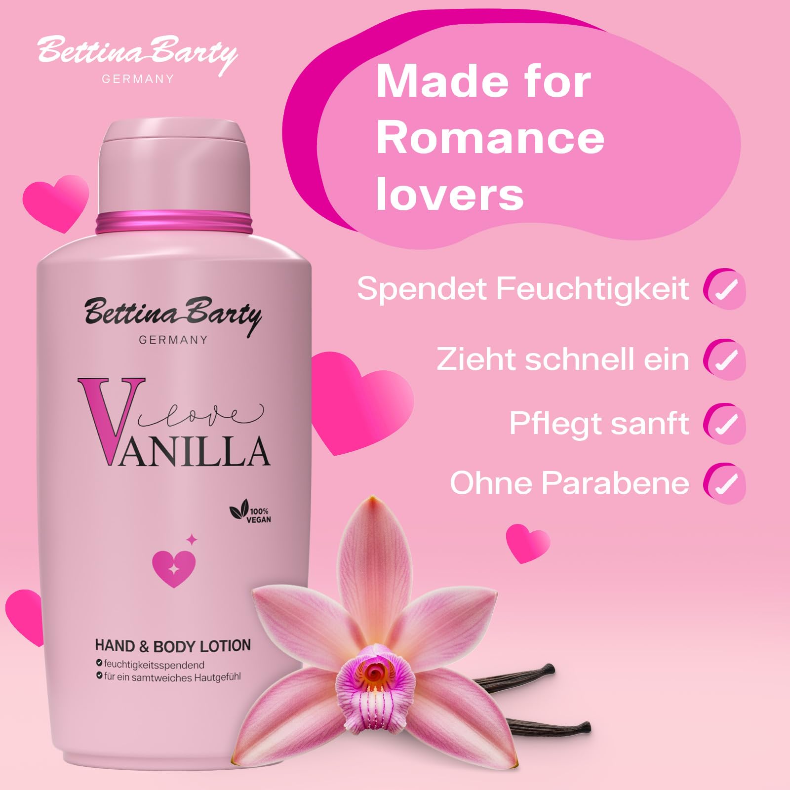 Bettina Barty Love Vanilla Hand & Body Lotion 12 x 500 ml – Feuchtigkeitspflege mit süß-warmem Vanilleduft für Haut & Hände – Mit schnell einziehender Formel